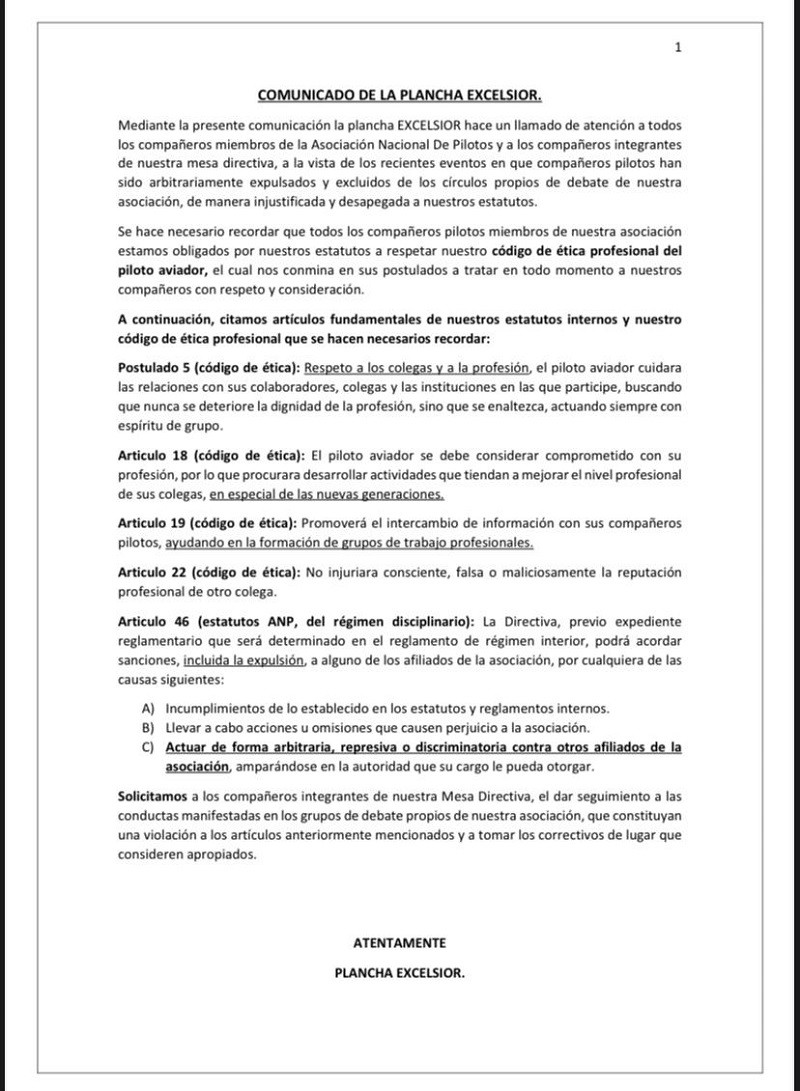 Comunicado de plancha Excelsior